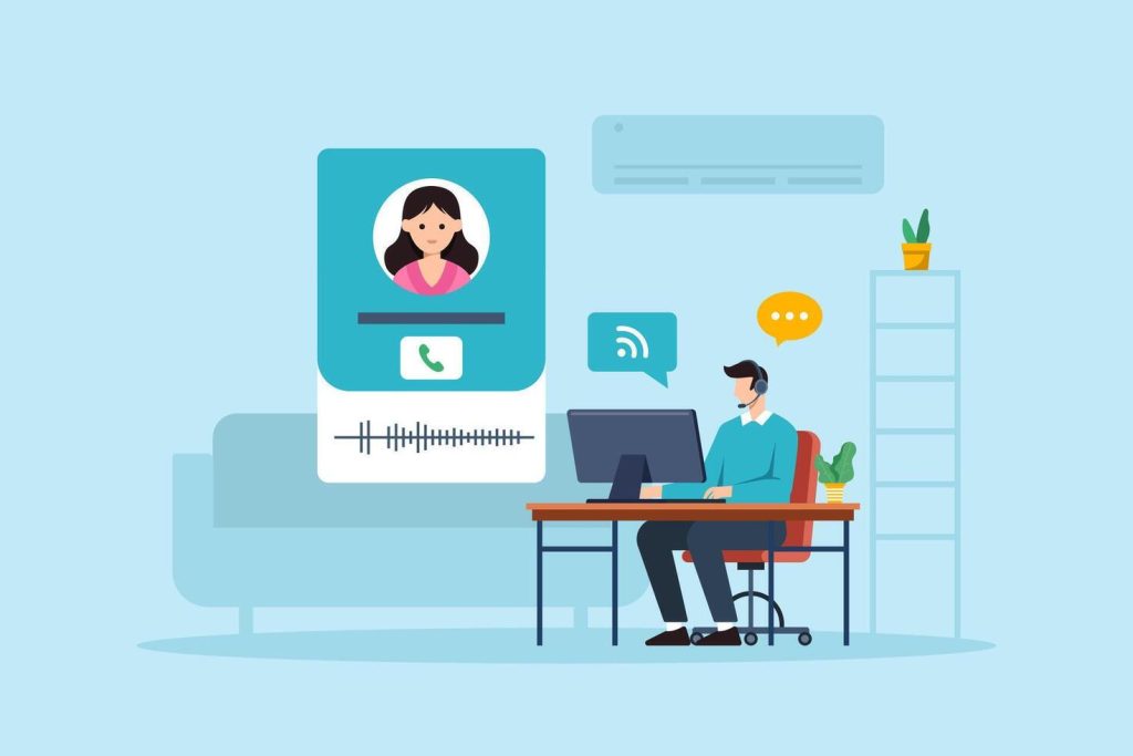 Flat illustration of remote call center operator answering customer with headset and computer during online voice communication vector 1024x683